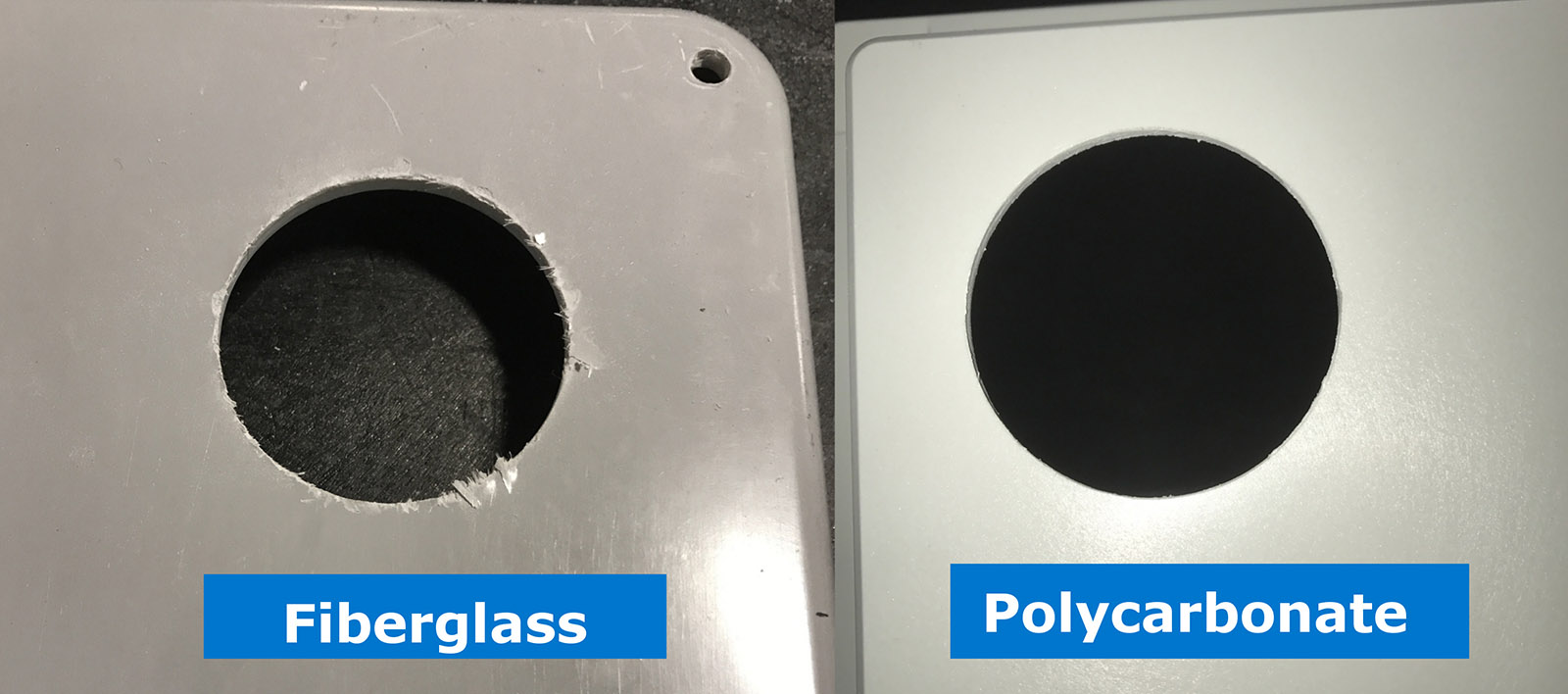 Fiberglass and polycarbonate enclosures side-by-side